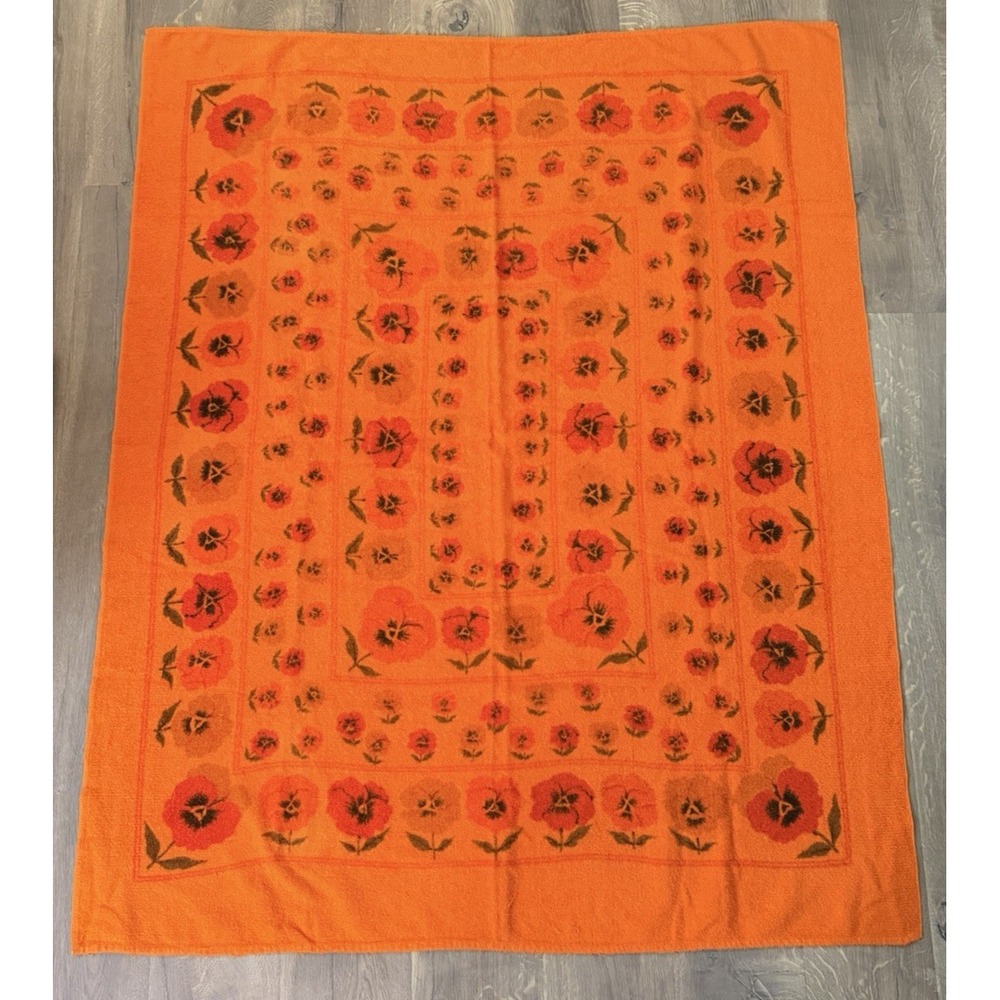 VTG 60"x48" Large Terry Towel 1970's Orange Pansies Flowers MCM